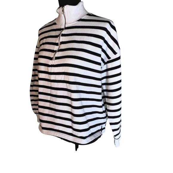 C & C California nautical black white striped 1/4 zip mock neck sweatshirt sz L - Picture 4 of 9